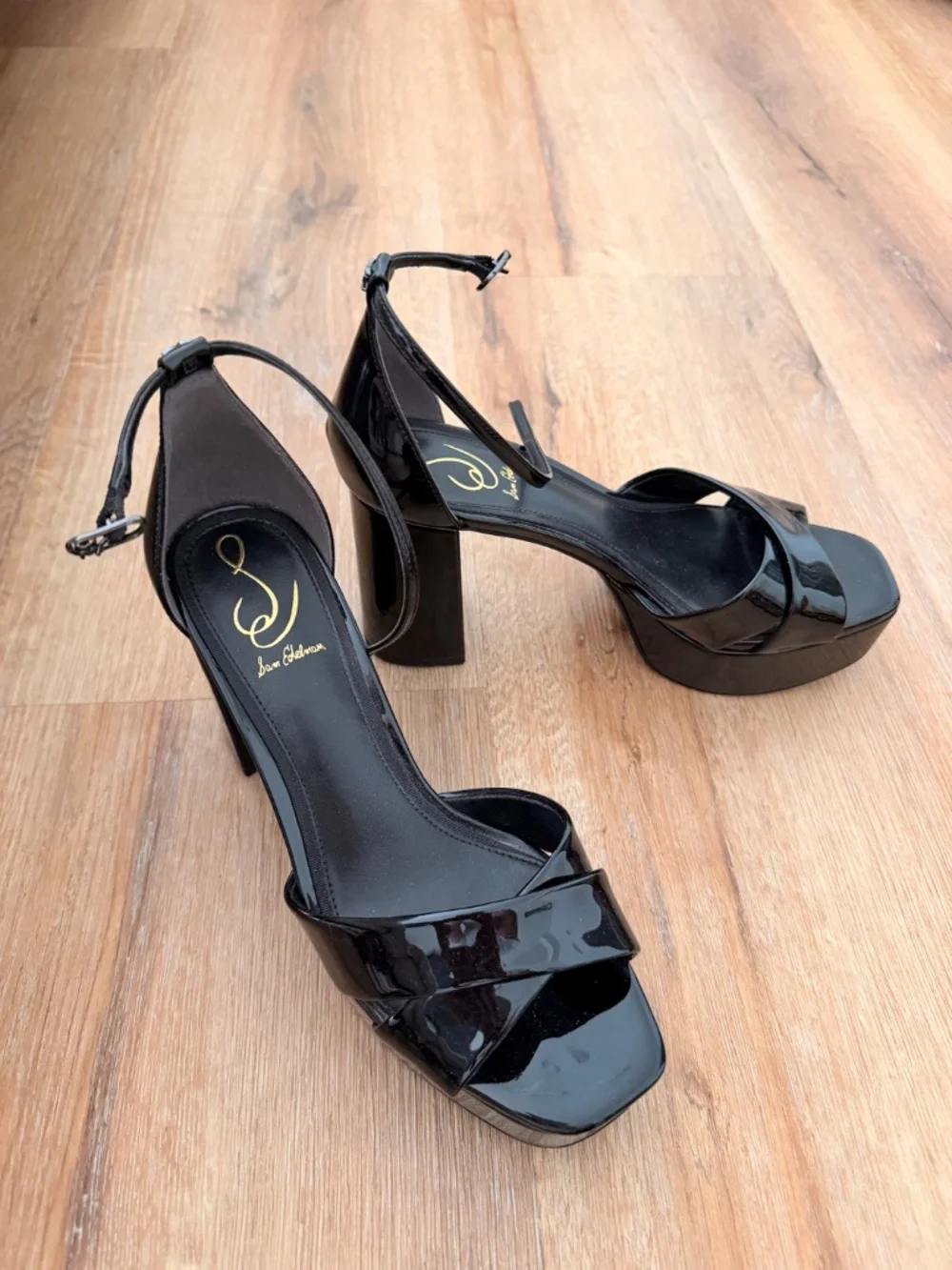 Sam Edelman Black Patent Leather Jade Ankle Strap Stiletto Heels